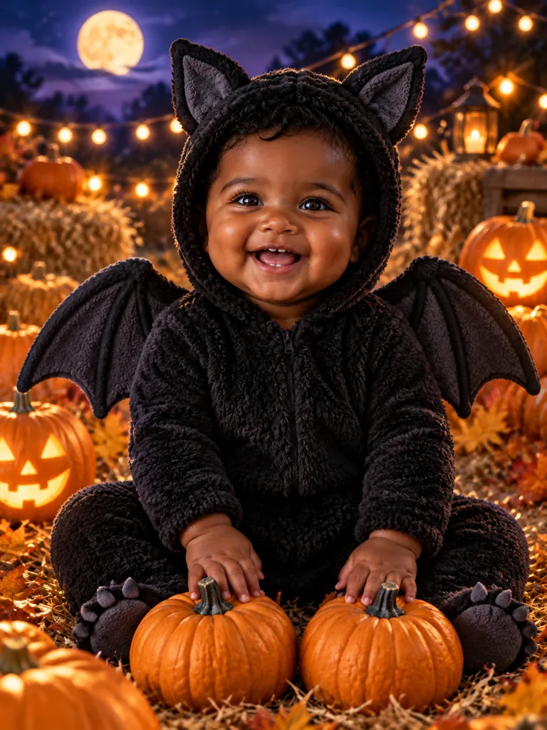 Fictional AI baby in a black bat costume in a moonlit pumpkin patch