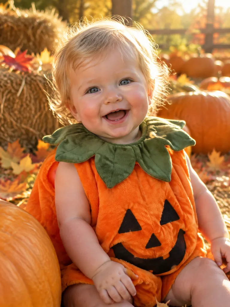 Fictional AI baby with fair skin and blonde curls in a plush pumpkin costume in a sunny pumpkin patch