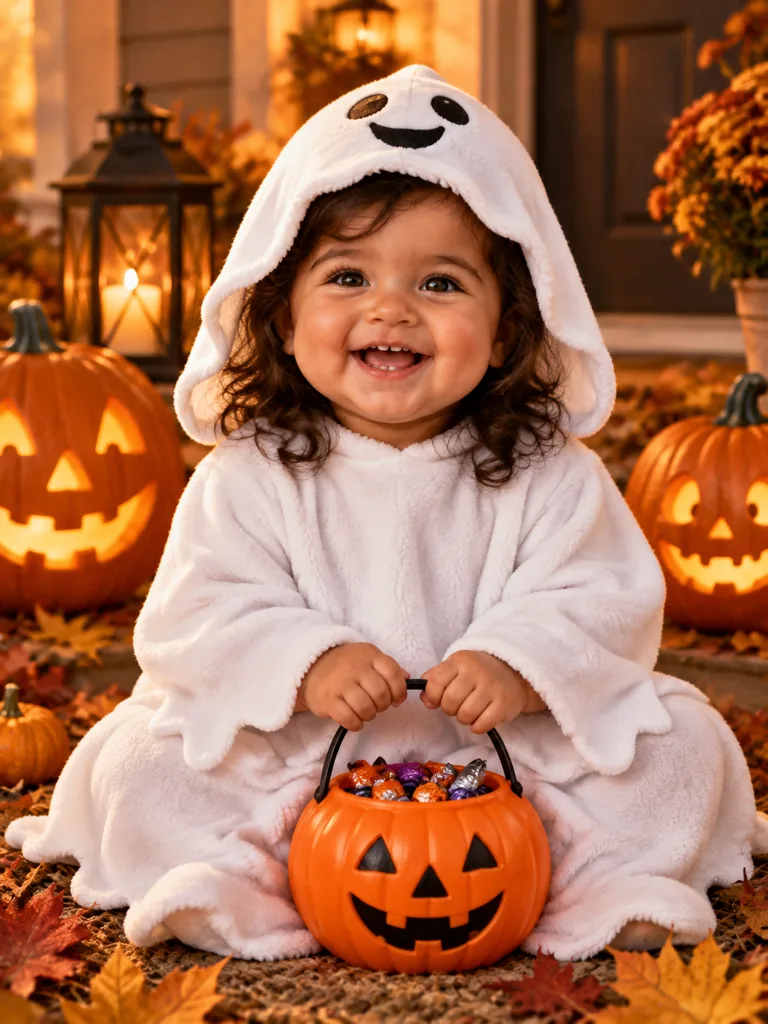 Fictional AI baby in a white ghost costume holding a candy bucket on a warm Halloween porch