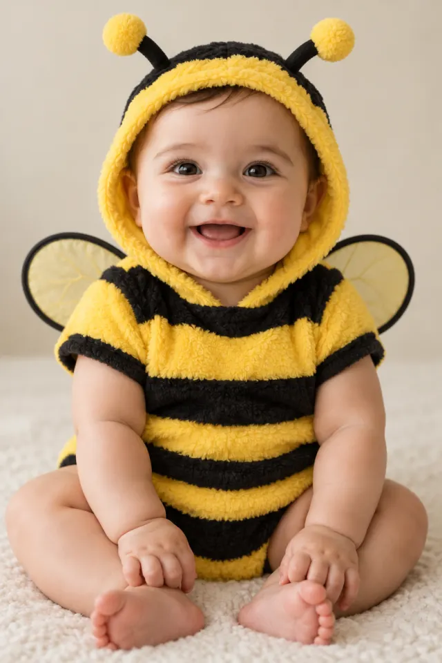 Fictional AI baby in a plush bee costume
