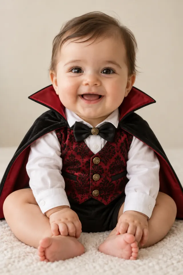 Fictional AI baby in a soft vampire costume